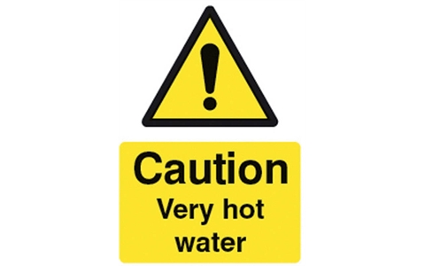 Rigid Plastic Sign - Caution Very Hot Water - H75mm x W100mm