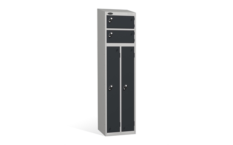 4 Door - 2 Person steel locker - SLOPING TOP - Silver Grey Body / Black Door - H1930 x W460 x D460 mm - CAM Lock