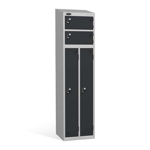 4 Door - 2 Person steel locker - SLOPING TOP - Silver Grey Body / Black Door - H1930 x W460 x D460 mm - CAM Lock