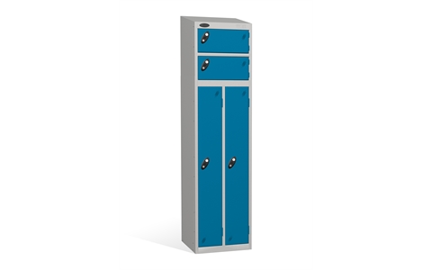 4 Door - 2 Person steel locker - SLOPING TOP - Silver Grey Body / Blue Door - H1930 x W460 x D460 mm - CAM Lock