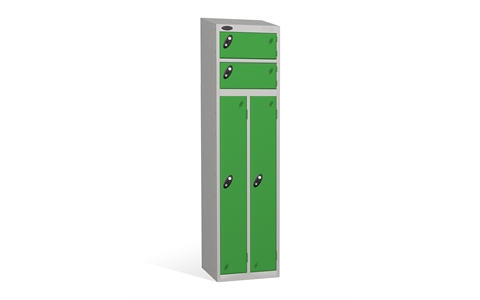 4 Door - 2 Person steel locker - SLOPING TOP - Silver Grey Body / Green Door - H1930 x W460 x D460 mm - CAM Lock