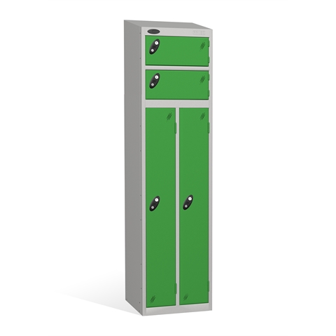 4 Door - 2 Person steel locker - SLOPING TOP - Silver Grey Body / Green Door - H1930 x W460 x D460 mm - CAM Lock
