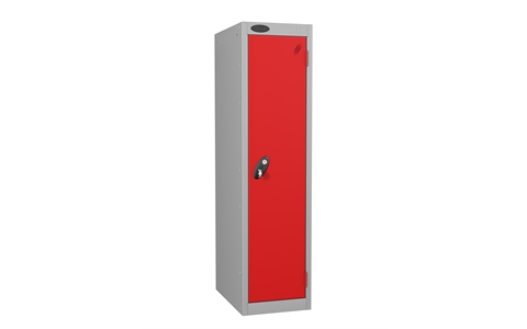 1 Door - Low steel locker - FLAT TOP - Silver Grey Body / Red Doors - H1210x W305 x D305 mm - CAM Lock