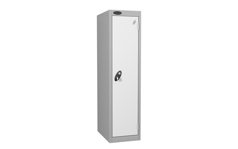 1 Door - Low steel locker - FLAT TOP - Silver Grey Body / White Doors - H1210 x W305 x D305 mm - CAM Lock
