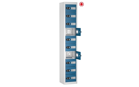 10 Vision Panel Door - Tablet Charging locker - FLAT TOP - White Body / Blue Doors - H1780 x W305 x D370 mm - CAM Lock
