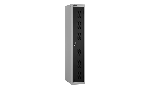 1 Door - Full height steel locker - FLAT TOP - PERFORATED DOORS - Silver Grey Body / Black Doors - H1780 x W305 x D305 mm - CAM Lock