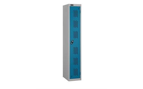 1 Door - Full height steel locker - FLAT TOP - PERFORATED DOORS - Silver Grey Body / Blue Doors - H1780 x W305 x D305 mm - CAM Lock
