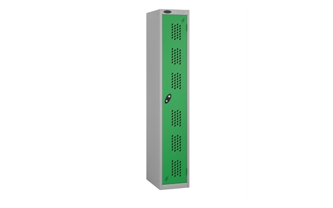 1 Door - Full height steel locker - FLAT TOP - PERFORATED DOORS - Silver Grey Body / Green Doors - H1780 x W305 x D305 mm - CAM Lock