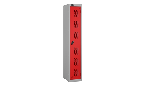 1 Door - Full height steel locker - FLAT TOP - PERFORATED DOORS - Silver Grey Body / Red Doors - H1780 x W305 x D305 mm - CAM Lock