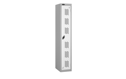1 Door - Full height steel locker - FLAT TOP - PERFORATED DOORS - Silver Grey Body / White Doors - H1780 x W305 x D305 mm - CAM Lock