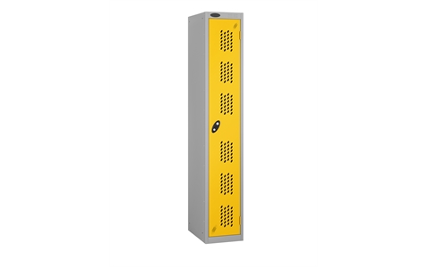 1 Door - Full height steel locker - FLAT TOP - PERFORATED DOORS - Silver Grey Body / Yellow Doors - H1780 x W305 x D305 mm - CAM Lock
