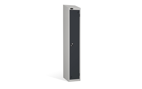 1 Door - Full height steel locker - SLOPING TOP - Silver Grey Body / Black Doors - H1930 x W305 x D305 mm - CAM Lock