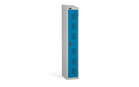 1 Door - Full height steel locker - SLOPING TOP - PERFORATED DOORS - Silver Grey Body / Blue Doors - H1930 x W305 x D305 mm - CAM Lock