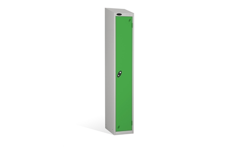 1 Door - Full height steel locker - SLOPING TOP - Silver Grey Body / Green Doors - H1930x W305 x D305 mm - CAM Lock