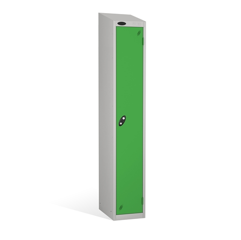 1 Door - Full height steel locker - SLOPING TOP - Silver Grey Body / Green Doors - H1930x W305 x D305 mm - CAM Lock