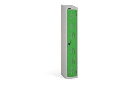1 Door - Full height steel locker - SLOPING TOP - PERFORATED DOORS - Silver Grey Body / Green Doors - H1930x W305 x D305 mm - CAM Lock