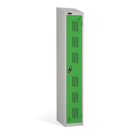 1 Door - Full height steel locker - SLOPING TOP - PERFORATED DOORS - Silver Grey Body / Green Doors - H1930x W305 x D305 mm - CAM Lock