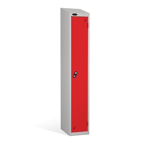 1 Door - Full height steel locker - SLOPING TOP - Silver Grey Body / Red Doors - H1930 x W305 x D305 mm - CAM Lock