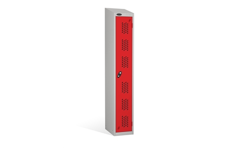 1 Door - Full height steel locker - SLOPING TOP - PERFORATED DOORS - Silver Grey Body / Red Doors - H1930 x W305 x D305 mm - CAM Lock