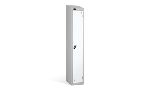 1 Door - Full height steel locker - SLOPING TOP - Silver Grey Body / White Doors - H1930 x W305 x D305 mm - CAM Lock