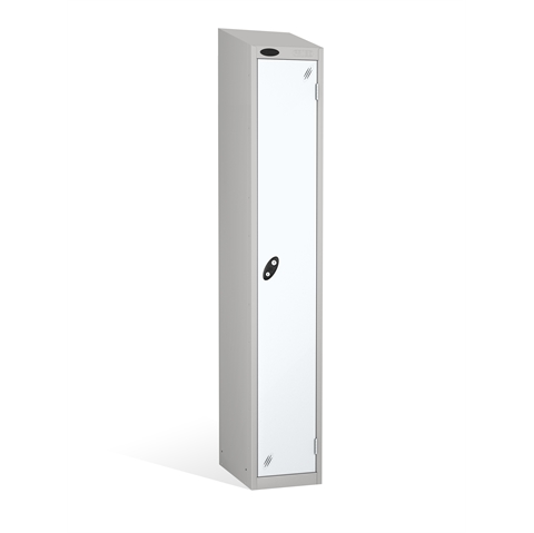 1 Door - Full height steel locker - SLOPING TOP - Silver Grey Body / White Doors - H1930 x W305 x D305 mm - CAM Lock