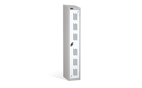 1 Door - Full height steel locker - SLOPING TOP - PERFORATED DOORS - Silver Grey Body / White Doors - H1930 x W305 x D305 mm - CAM Lock