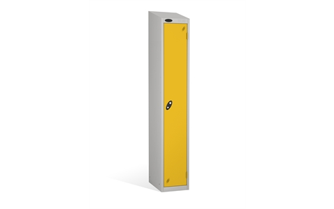 1 Door - Full height steel locker - SLOPING TOP - Silver Grey Body / Yellow Doors - H1930 x W305 x D305 mm - CAM Lock