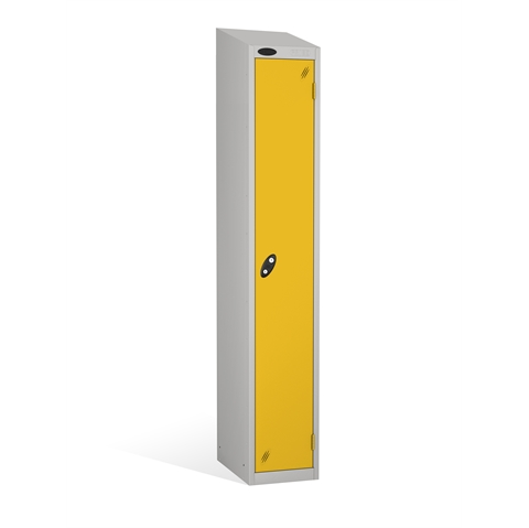 1 Door - Full height steel locker - SLOPING TOP - Silver Grey Body / Yellow Doors - H1930 x W305 x D305 mm - CAM Lock