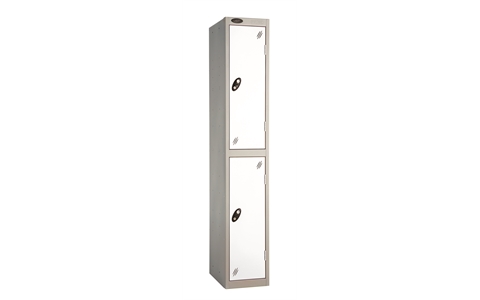 2 Door - Full height steel locker - FLAT TOP - Silver Grey Body / White Doors - H1780 x W305 x D305 mm - CAM Lock