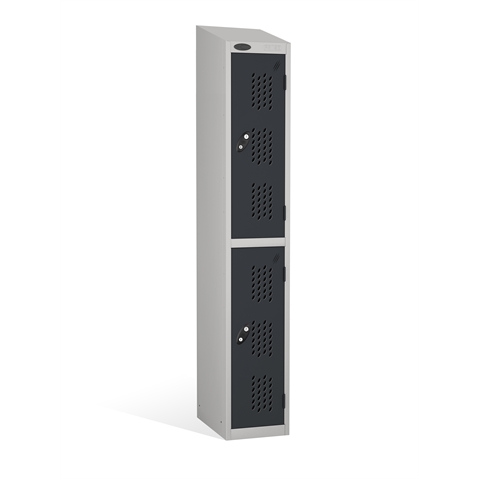 2 Door - Full height steel locker - SLOPING TOP - PERFORATED DOORS - Silver Grey Body / Black Doors - H1930 x W305 x D305 mm - CAM Lock