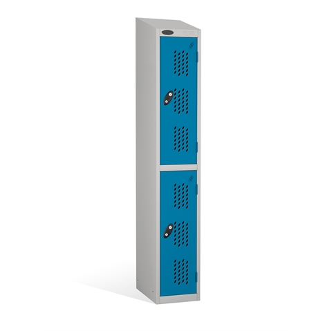 2 Door - Full height steel locker - SLOPING TOP - PERFORATED DOORS - Silver Grey Body / Blue Doors - H1930 x W305 x D305 mm - CAM Lock