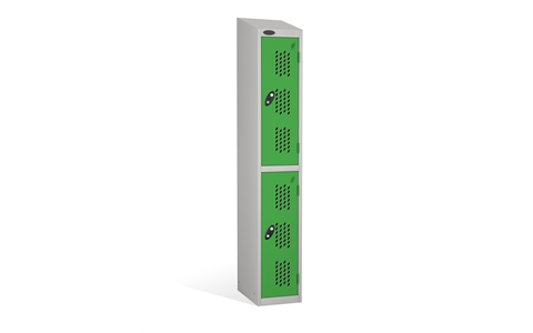 2 Door - Full height steel locker - SLOPING TOP - PERFORATED DOORS - Silver Grey Body / Green Doors - H1930x W305 x D305 mm - CAM Lock