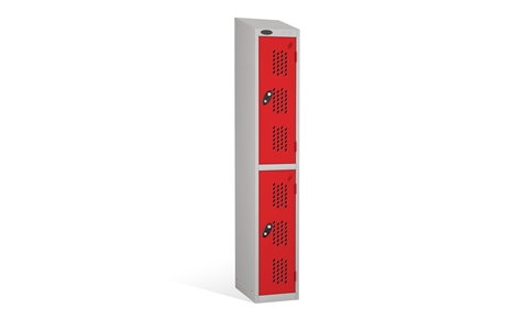 2 Door - Full height steel locker - SLOPING TOP - PERFORATED DOORS - Silver Grey Body / Red Doors - H1930 x W305 x D305 mm - CAM Lock