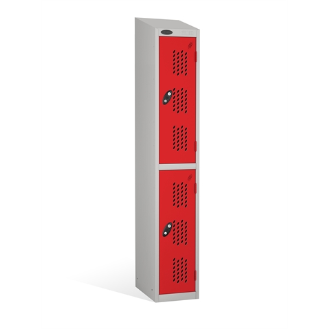 2 Door - Full height steel locker - SLOPING TOP - PERFORATED DOORS - Silver Grey Body / Red Doors - H1930 x W305 x D305 mm - CAM Lock