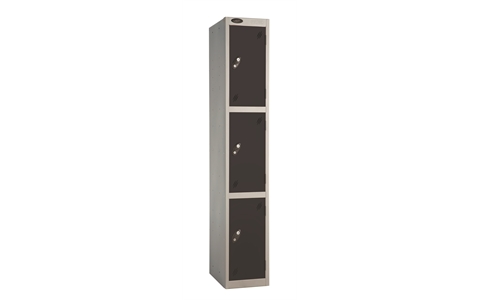 3 Door - Full height steel locker - FLAT TOP - Silver Grey Body / Black Doors - H1780 x W305 x D305 mm - CAM Lock
