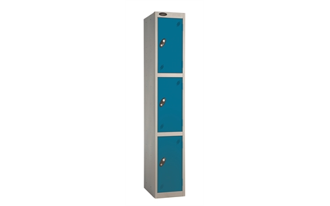 3 Door - Full height steel locker - FLAT TOP - Silver Grey Body / Blue Doors - H1780 x W305 x D305 mm - CAM Lock
