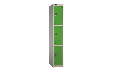3 Door - Full height steel locker - FLAT TOP - Silver Grey Body / Green Doors - H1780 x W305 x D305 mm - CAM Lock