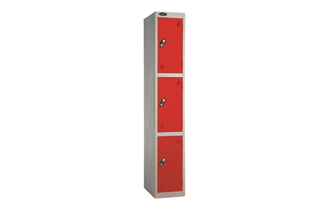 3 Door - Full height steel locker - FLAT TOP - Silver Grey Body / Red Doors - H1780 x W305 x D305 mm - CAM Lock