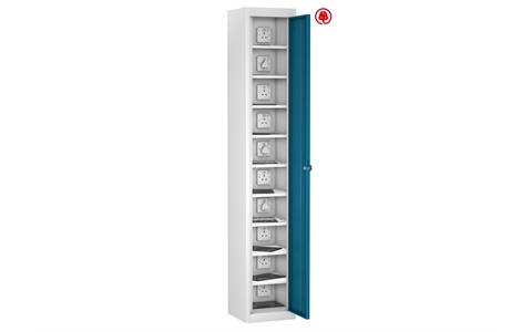 1 Door - 10 Shelf Tablet Charging locker - FLAT TOP - White Body / Blue Doors - H1780 x W305 x D370 mm - CAM Lock