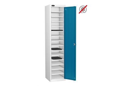 1 Door - 15 Shelf Media Storage locker - FLAT TOP - White Body / Blue Doors - H1780 x W380 x D460mm - CAM Lock