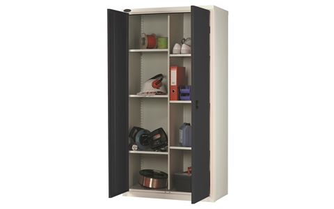 8 Compartment cupboard - C/W 6 No. half width shelves plus central divider - Silver Grey Body/Black Doors - H1780mm x W915mm x D460mm