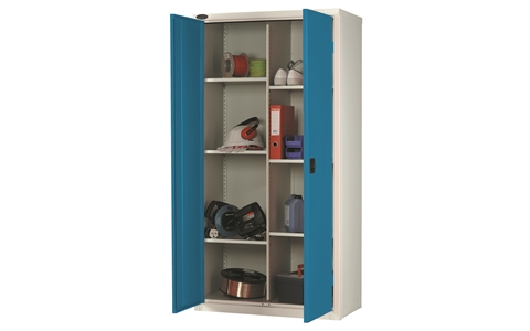 8 Compartment cupboard - C/W 6 No. half width shelves plus central divider - Silver Grey Body/Blue Doors - H1780mm x W915mm x D460mm
