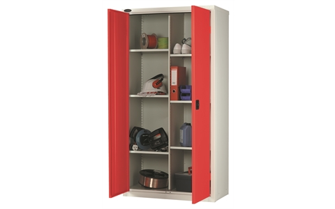 8 Compartment cupboard - C/W 6 No. half width shelves plus central divider - Silver Grey Body/Red Doors - H1780mm x W915mm x D460mm