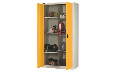 8 Compartment cupboard - C/W 6 No. half width shelves plus central divider - Silver Grey Body/Yellow Doors - H1780mm x W915mm x D460mm