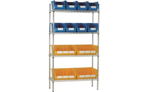Chrome Shelving with Blue/Yellow Linbins - H1625mm x W915mm x D355mm with 8 x size 7 and 4 x size 8 Linbins