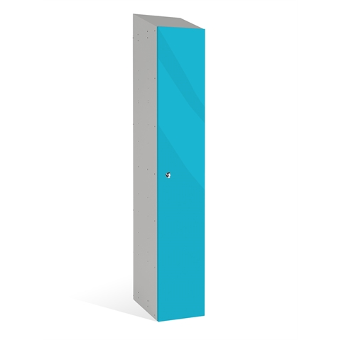1 Door - Mirror Gloss effect Laminate Door door locker - SLOPING TOP - Silver Grey Body / Marmara Blue Doors - H1930 x W305 x D315 mm - CAM Lock