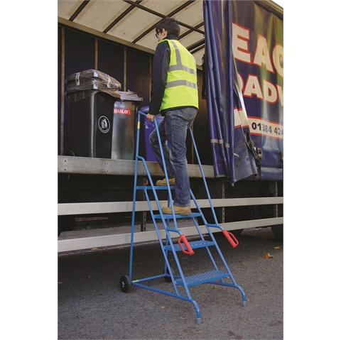 Wheel Along Steps with Dock Platform - 2 Tread  - Powder Coated finish with expanded steel mesh treads - 500mm Platform Height -  Overall Size H1210mm x W480mm x D685mm - Weight: 16kg - Blue