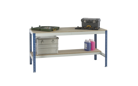 Stockrax Workbench with half lower shelf - H928mm x W1800mm x D750mm - Chipboard Deck - Blue