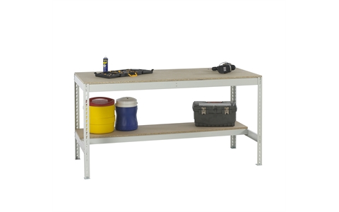 Stockrax Workbench with half lower shelf - H928mm x W2400mm x D750mm - Chipboard Deck - Light Grey