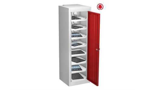 1 Door - 8 Shelf Tablet Charging low locker - FLAT TOP - White Body / Red Doors - H1000 x W305 x D370 mm - CAM Lock